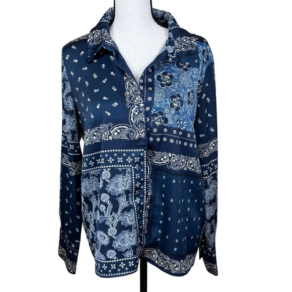 cupcakes & cashmere Tops - Cupcakes and Cashmere Blue Patchwork Paisley Floral Print Button Up Shirt Medium